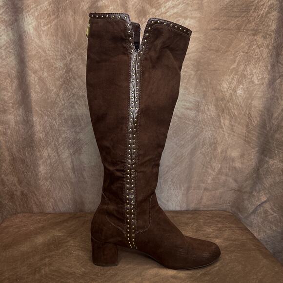 Adrinnne Vittadini Studded Riding Boots Brown Faux Suede Chunky Heel Women's 8 - Picture 3 of 10